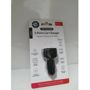 Sitecom Incarcator Auto 30W, 1xUSB-A, 2xUSB-C